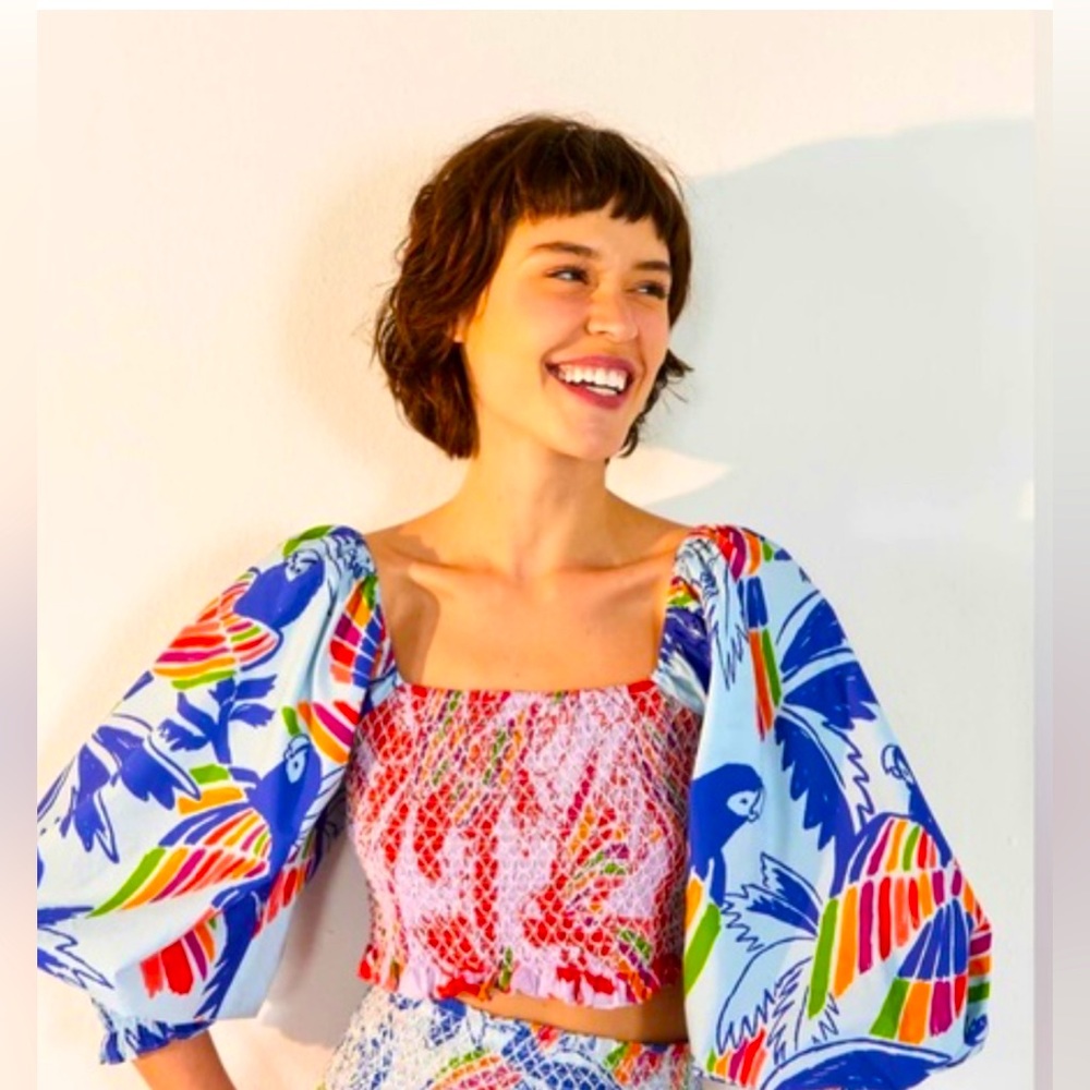 NWT FARM Rio Mixed Print Smocked Cotton Crop Top NEW Tropical Floral